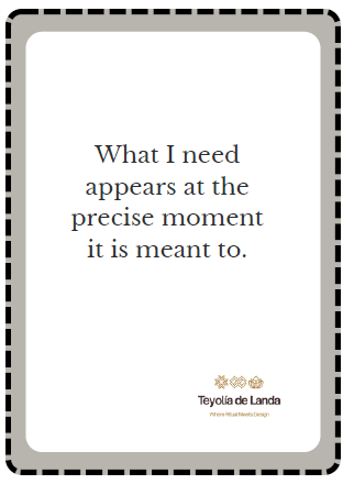 Quote card with text 'What I need appears at the precise moment it is meant to.' by Teyola de Landa, framed with a decorative border.