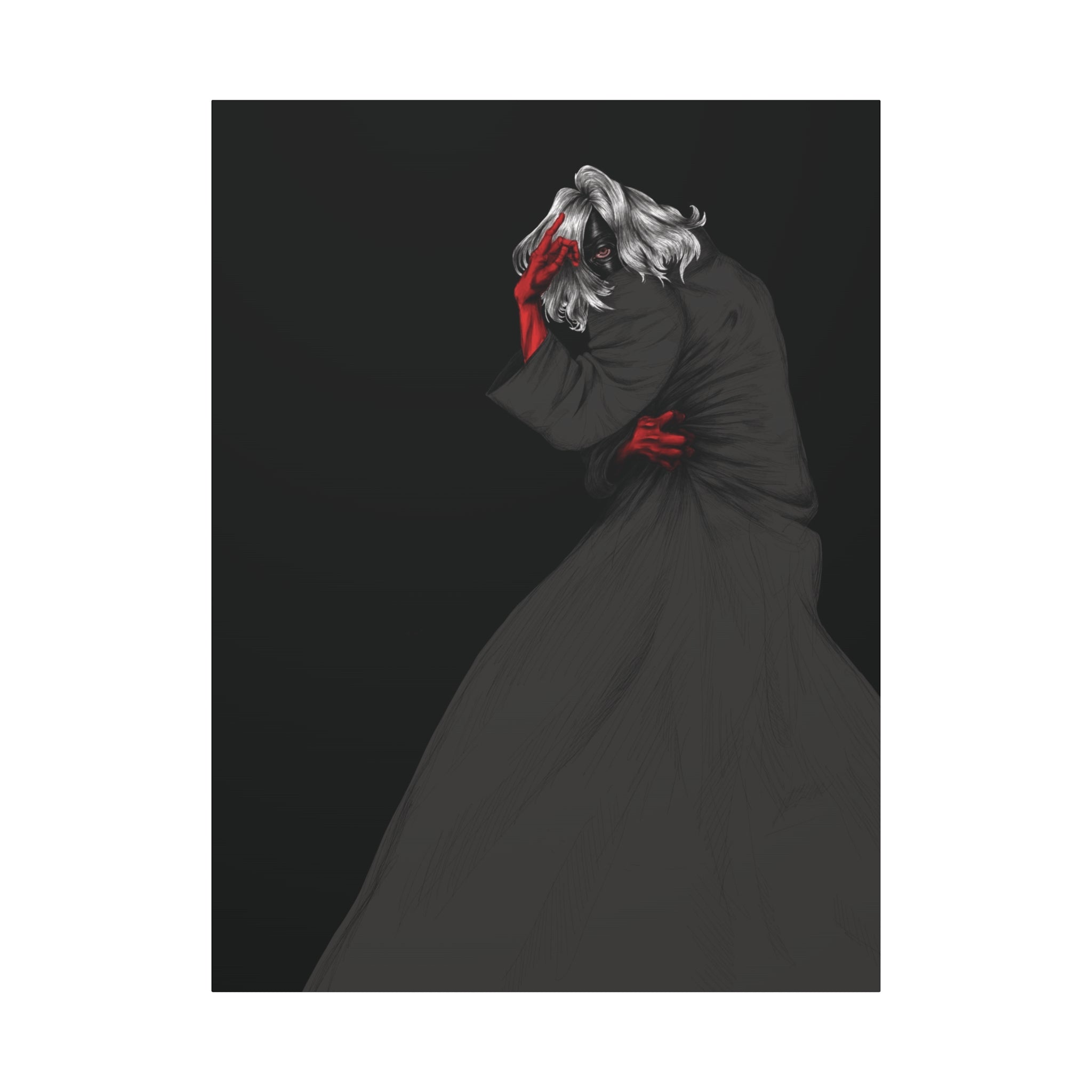 Person in a long black coat with red gloves against a black background