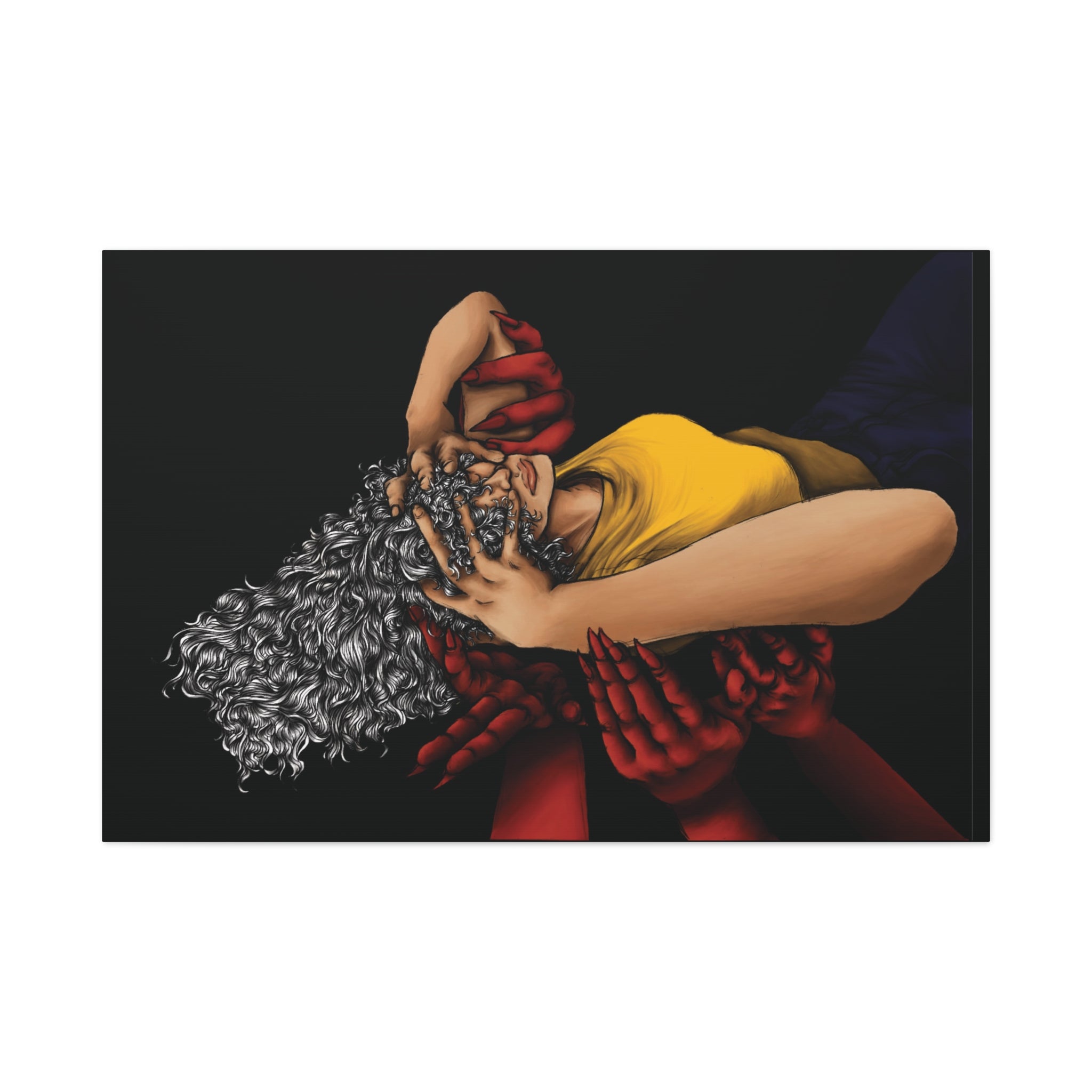 Artistic depiction of a person embracing another with red hands and nails on a black background