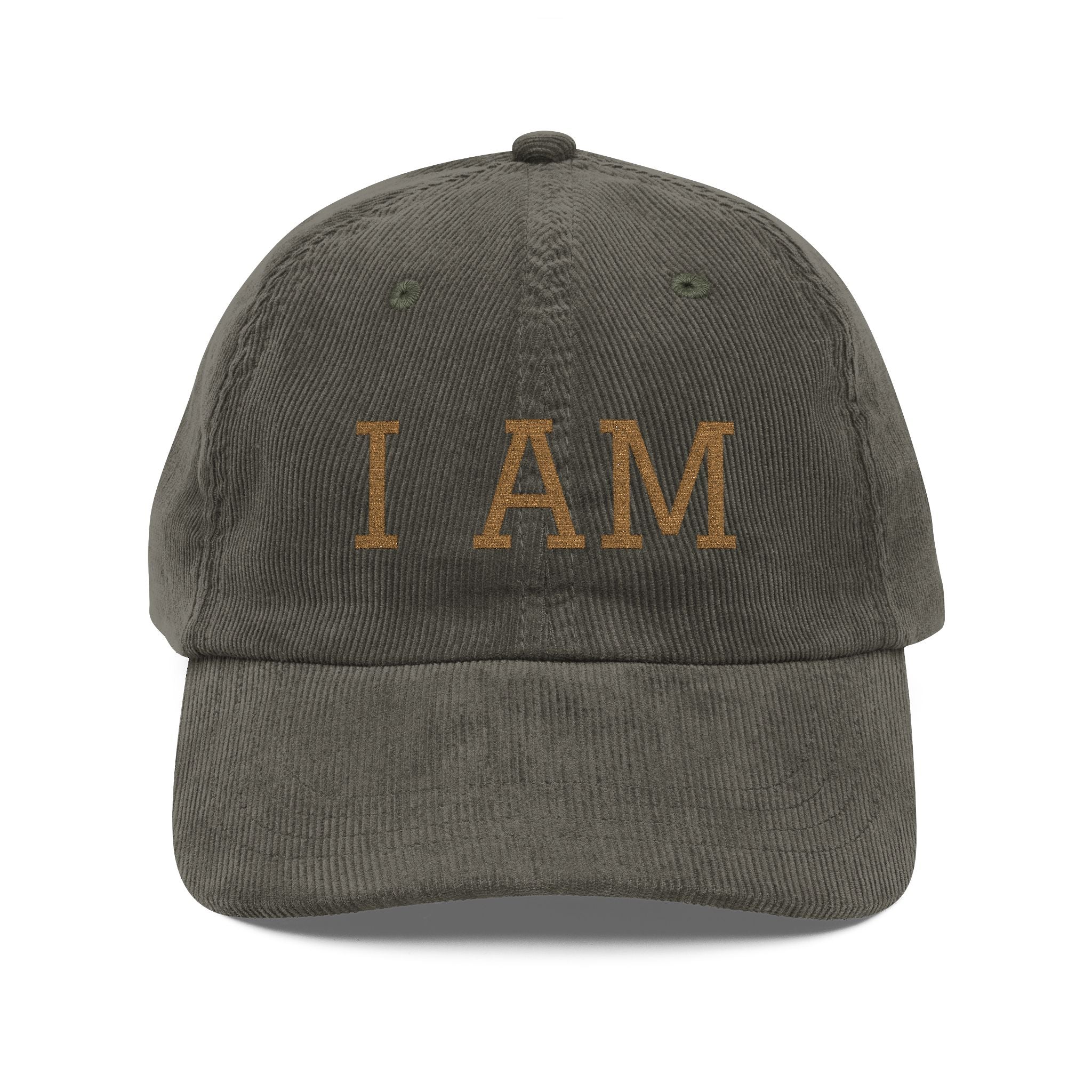Gray cap with 'I AM' text on a white background