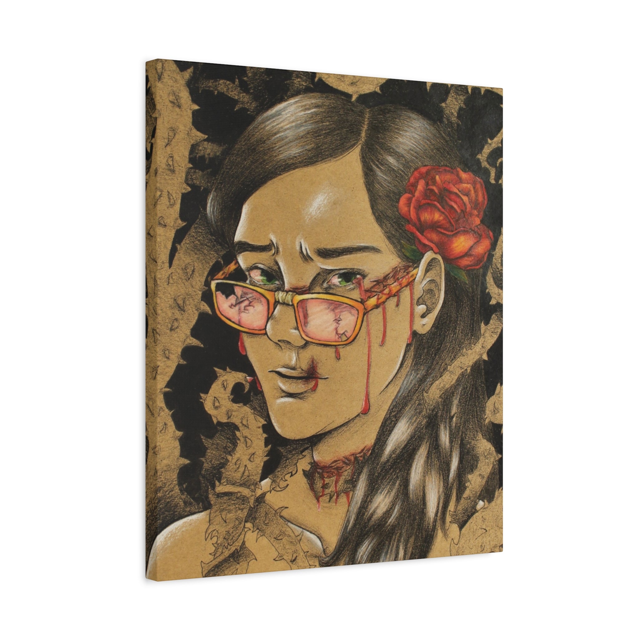 Canvas print of a stylized illustration of a woman with a red rose in her hair on a white background.