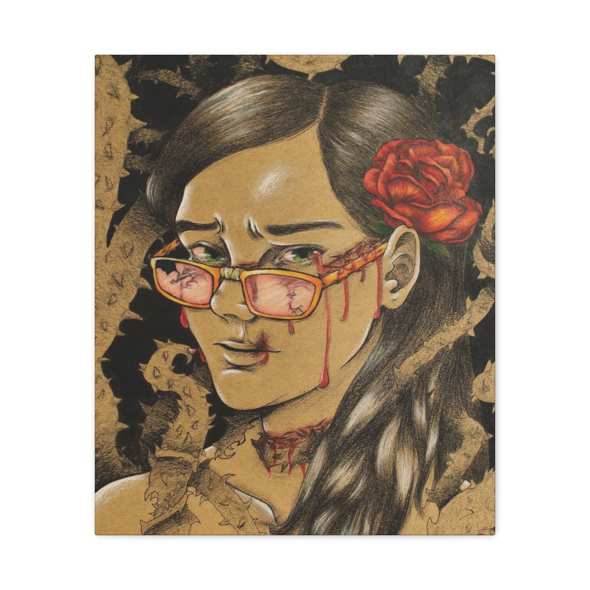 Artistic illustration of a woman with glasses and a red rose in her hair on a textured background.