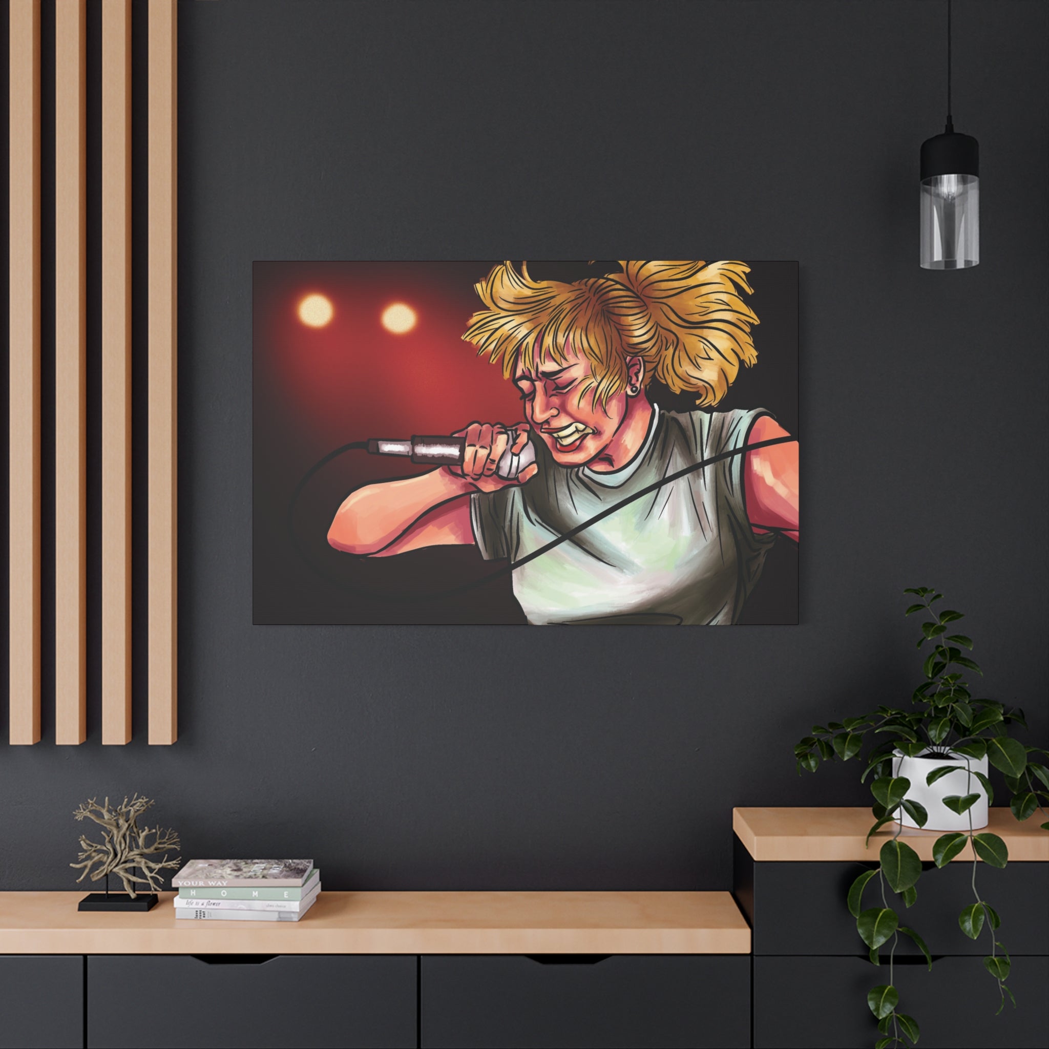 Artistic depiction of a person with a microphone on a dark wall above a wooden shelf.