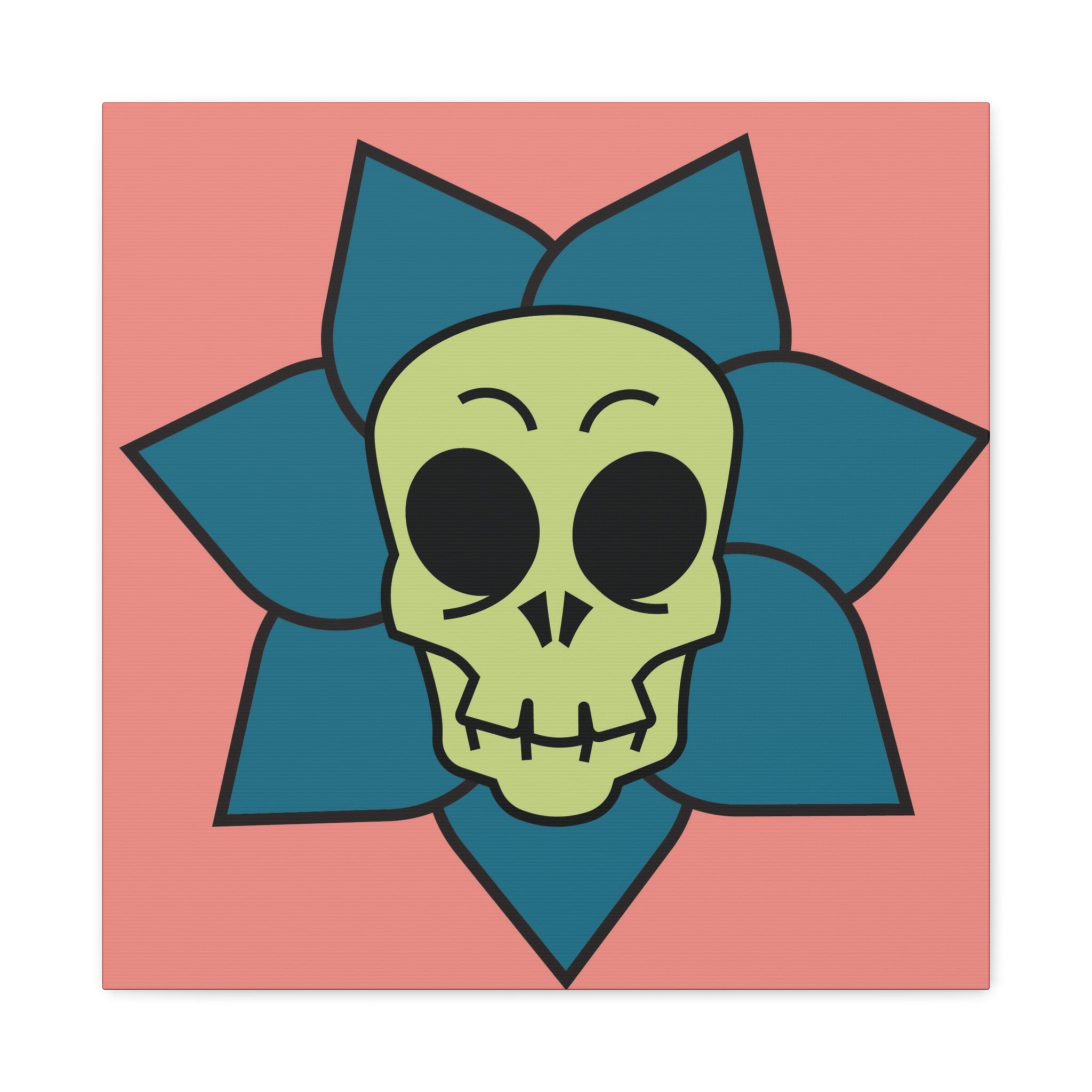 Skull design with blue petals on a pink background