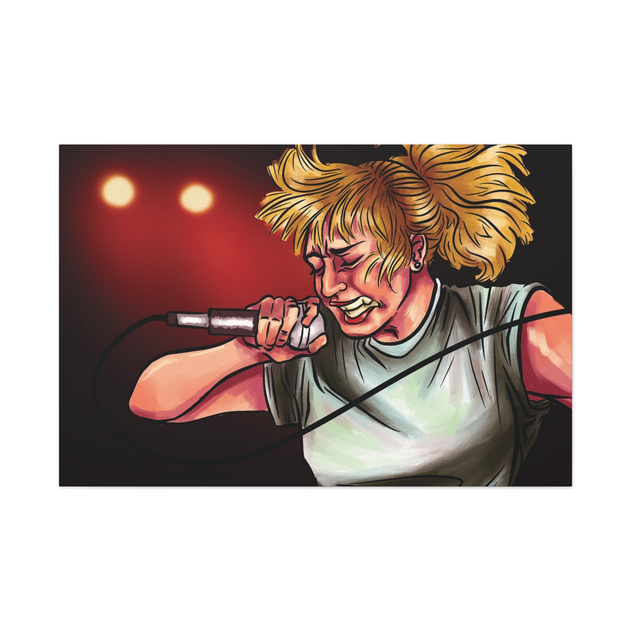 Illustration of a person with blonde hair holding a microphone against a dark background with lights.