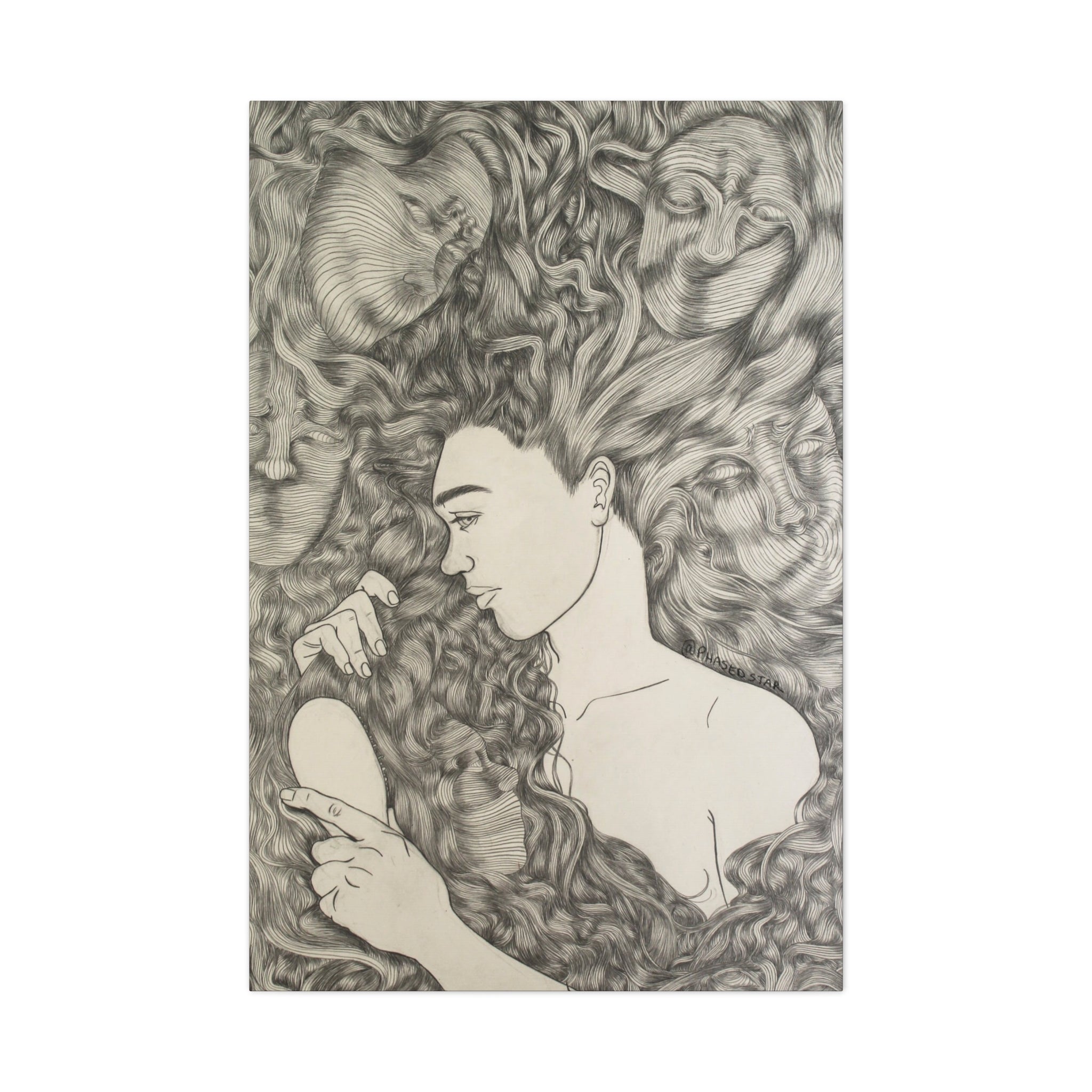 Artistic illustration of a woman with flowing hair on a white background