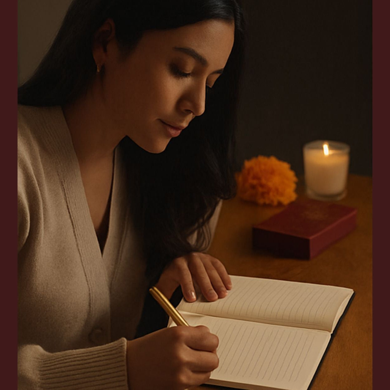 Woman writing in a notebook with a candle and flowers in the background