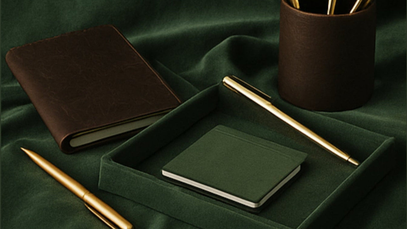 Stationery items including a notebook, pen, and pencil holder on a green fabric background