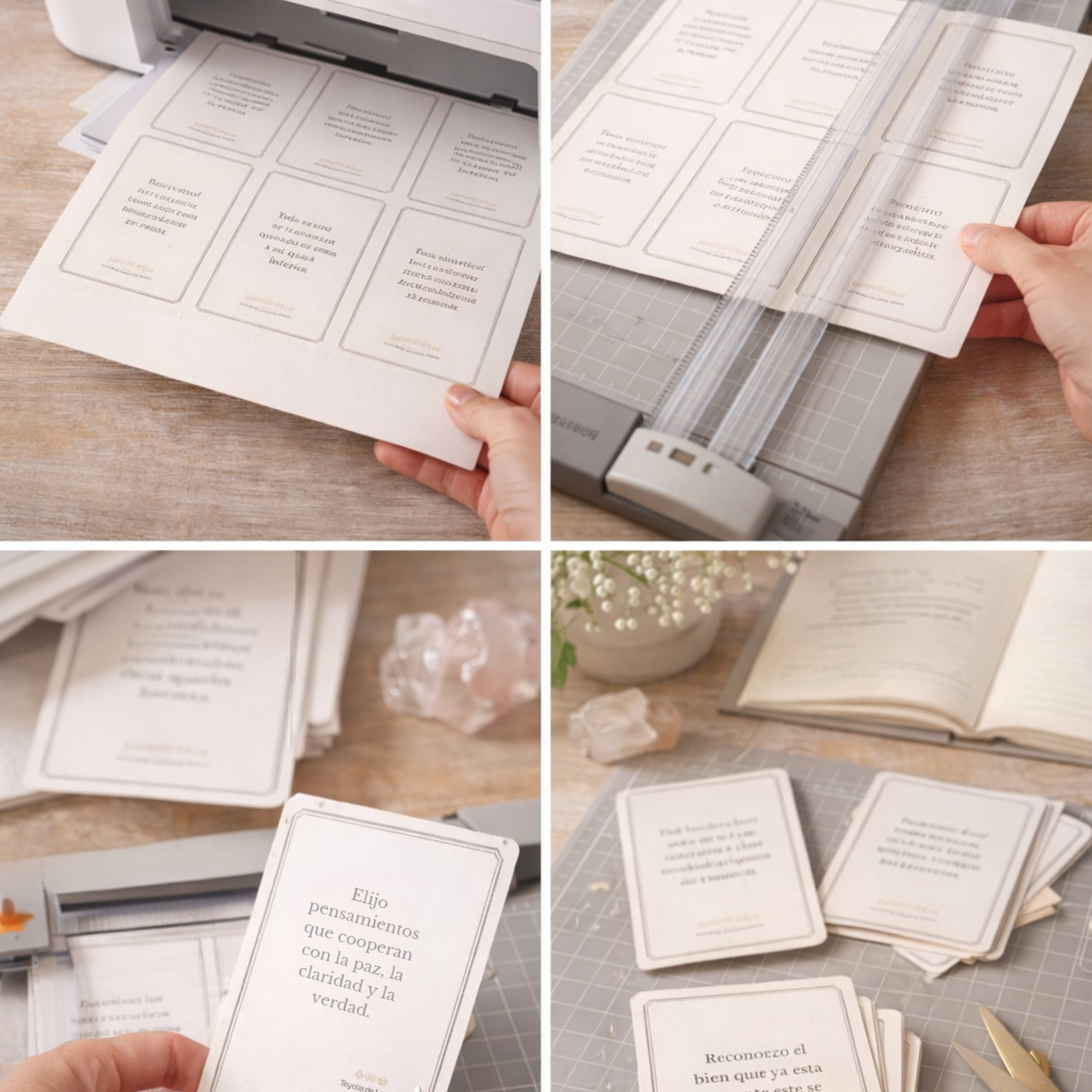 Collage of a paper cutter cutting sheets of paper with text.