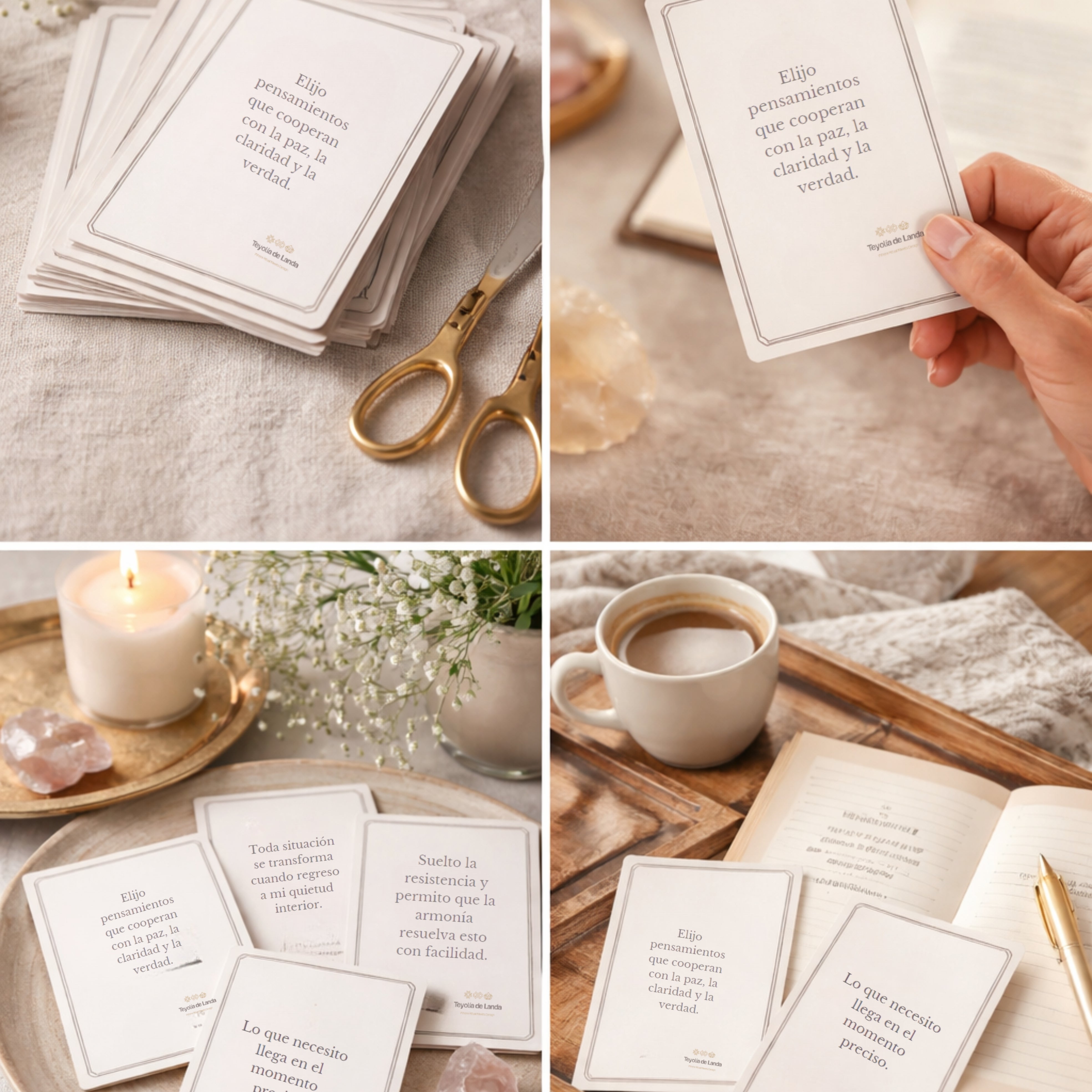 Collage of cards with text, a candle, and a cup of coffee on a wooden table.