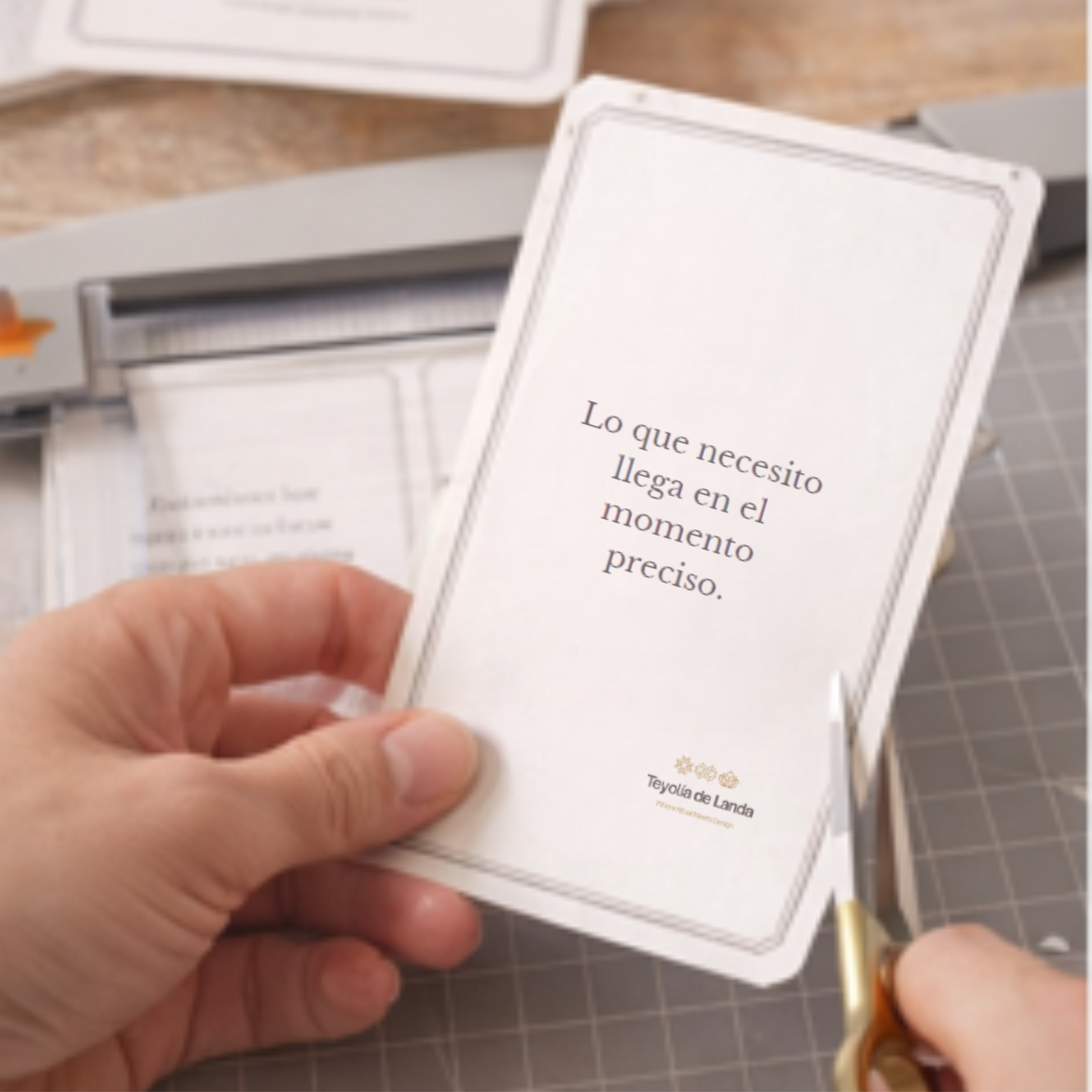 Hand holding a card with a motivational quote in Spanish on a blurred background