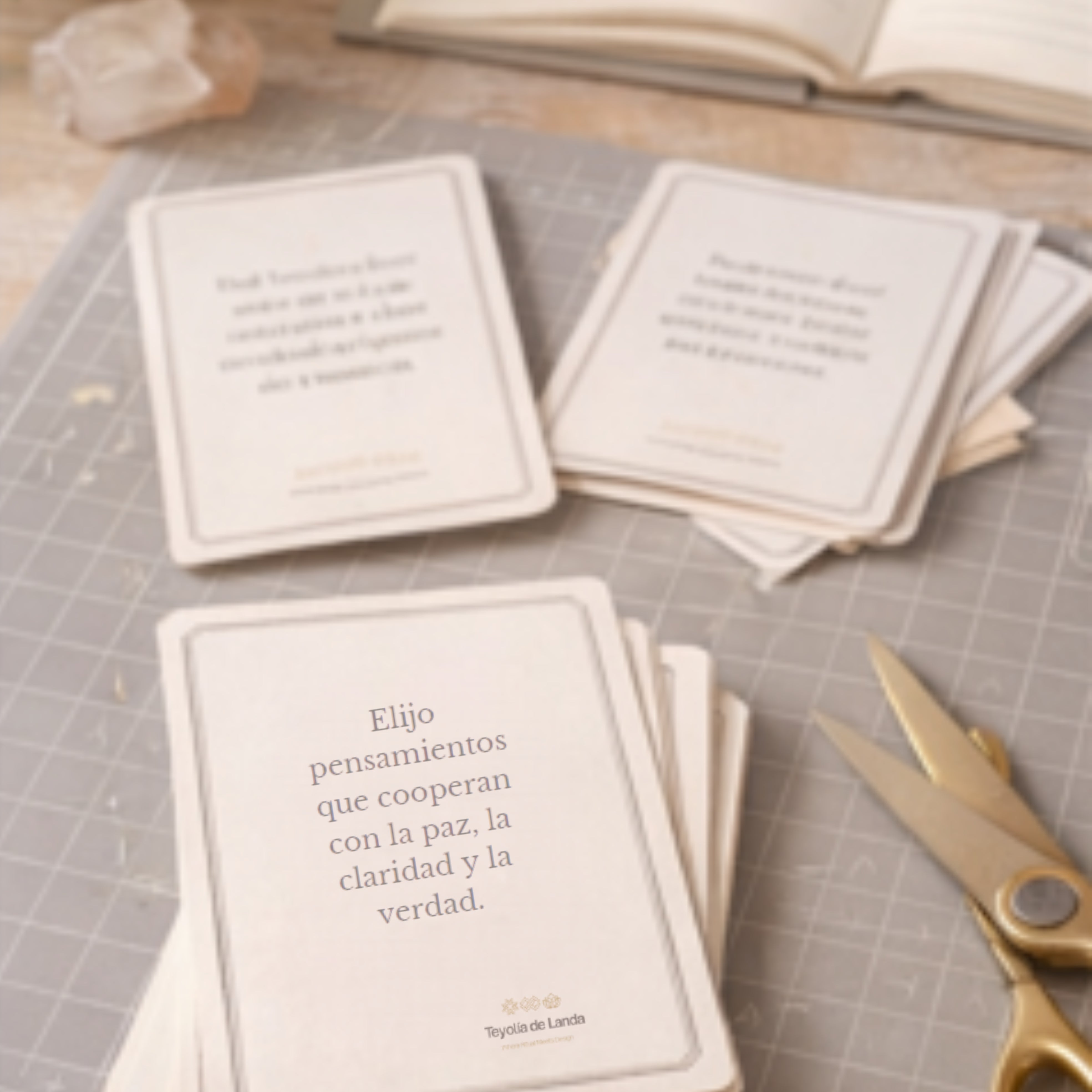 Stack of cards with text on a cutting mat with scissors
