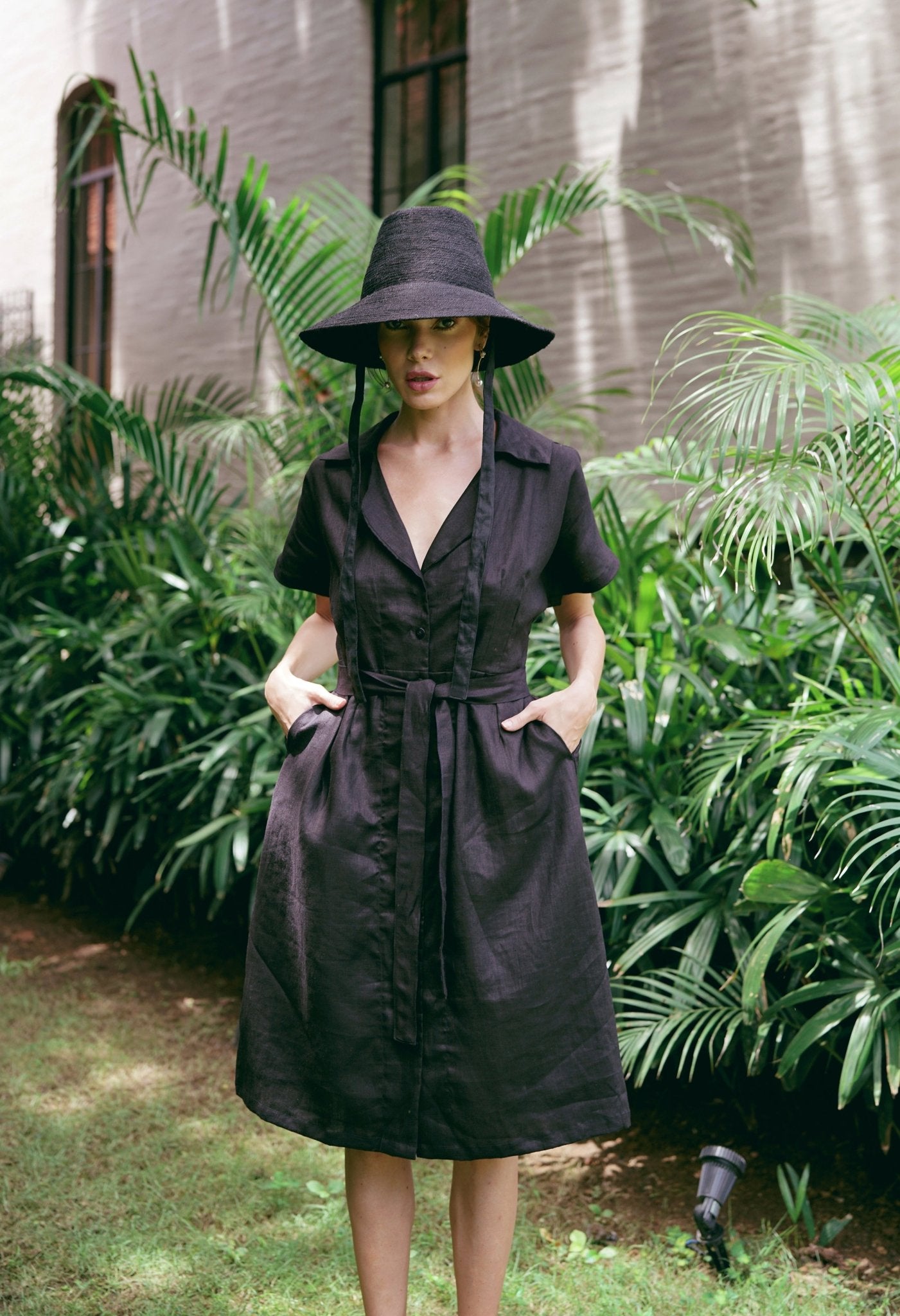 ARYA Safari Linen Midi Dress – Black - luxury linen midi dress - Off Leash Designs