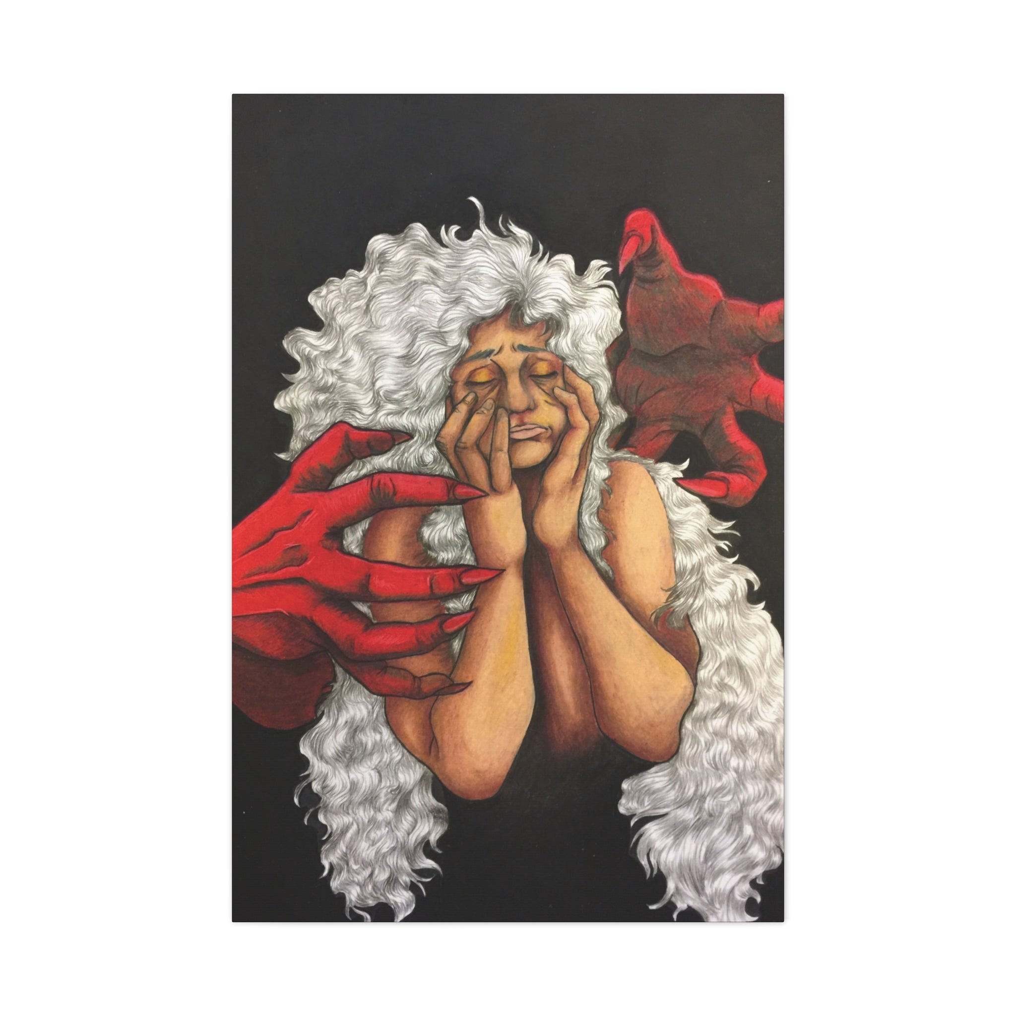 Artistic depiction of a person with white hair and red hands on a black background