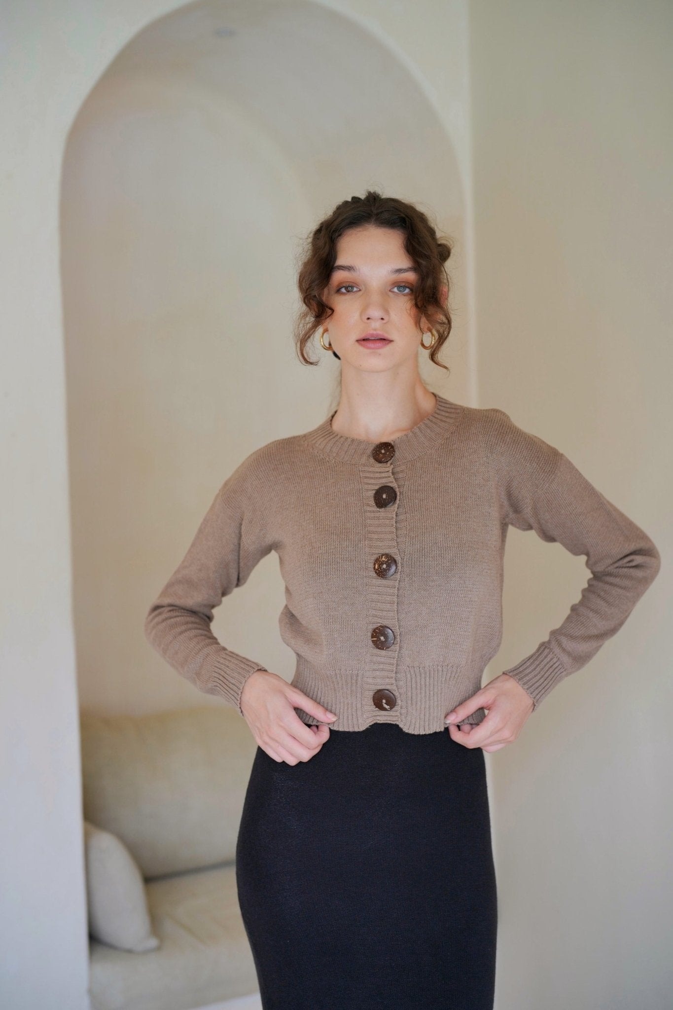 Victoria Coconut Button Cardigan in Khaki luxury sustainable cotton cardigan - Off Leash Designs