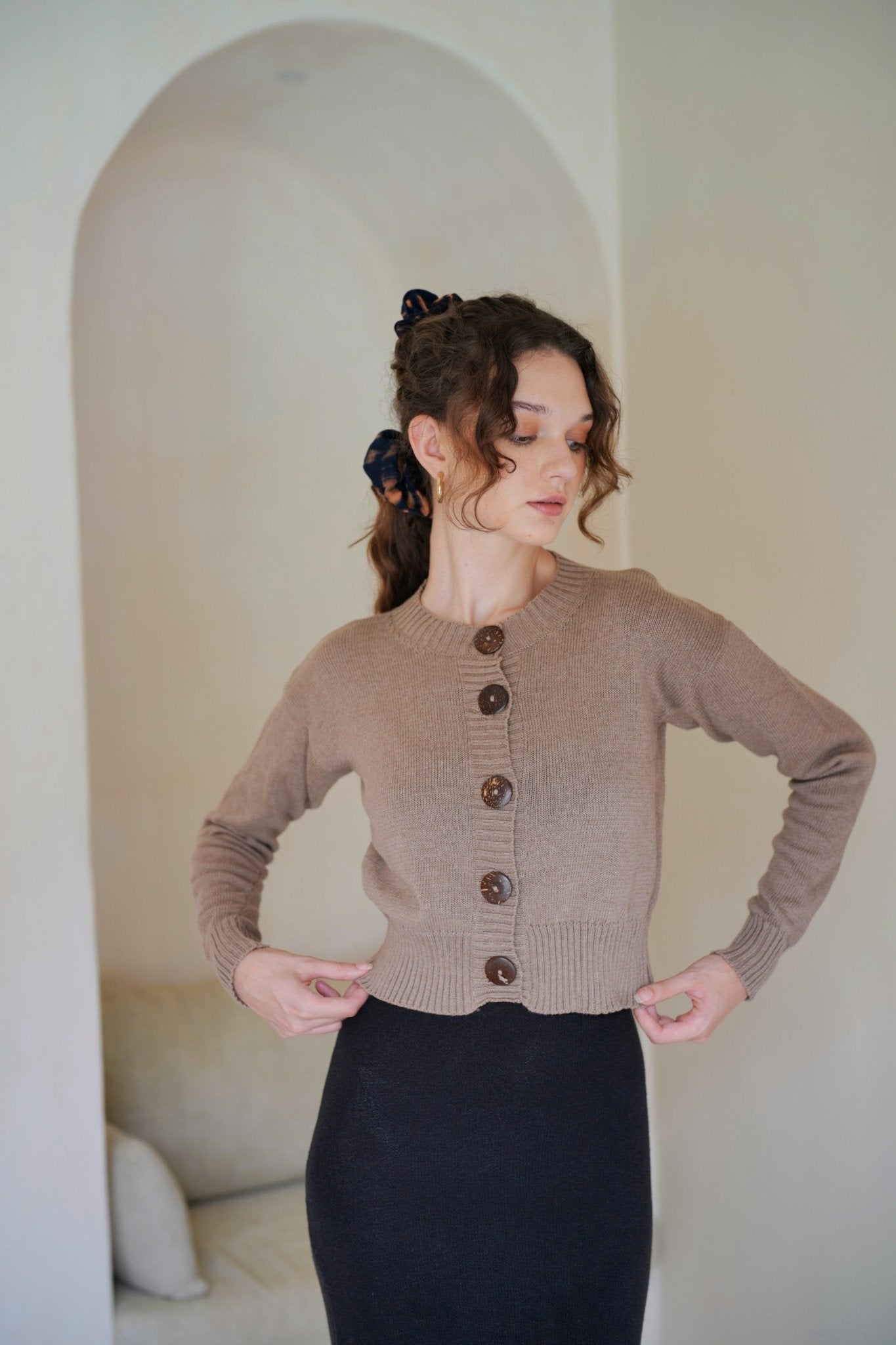 Victoria Coconut Button Cardigan in Khaki luxury sustainable cotton cardigan - Off Leash Designs