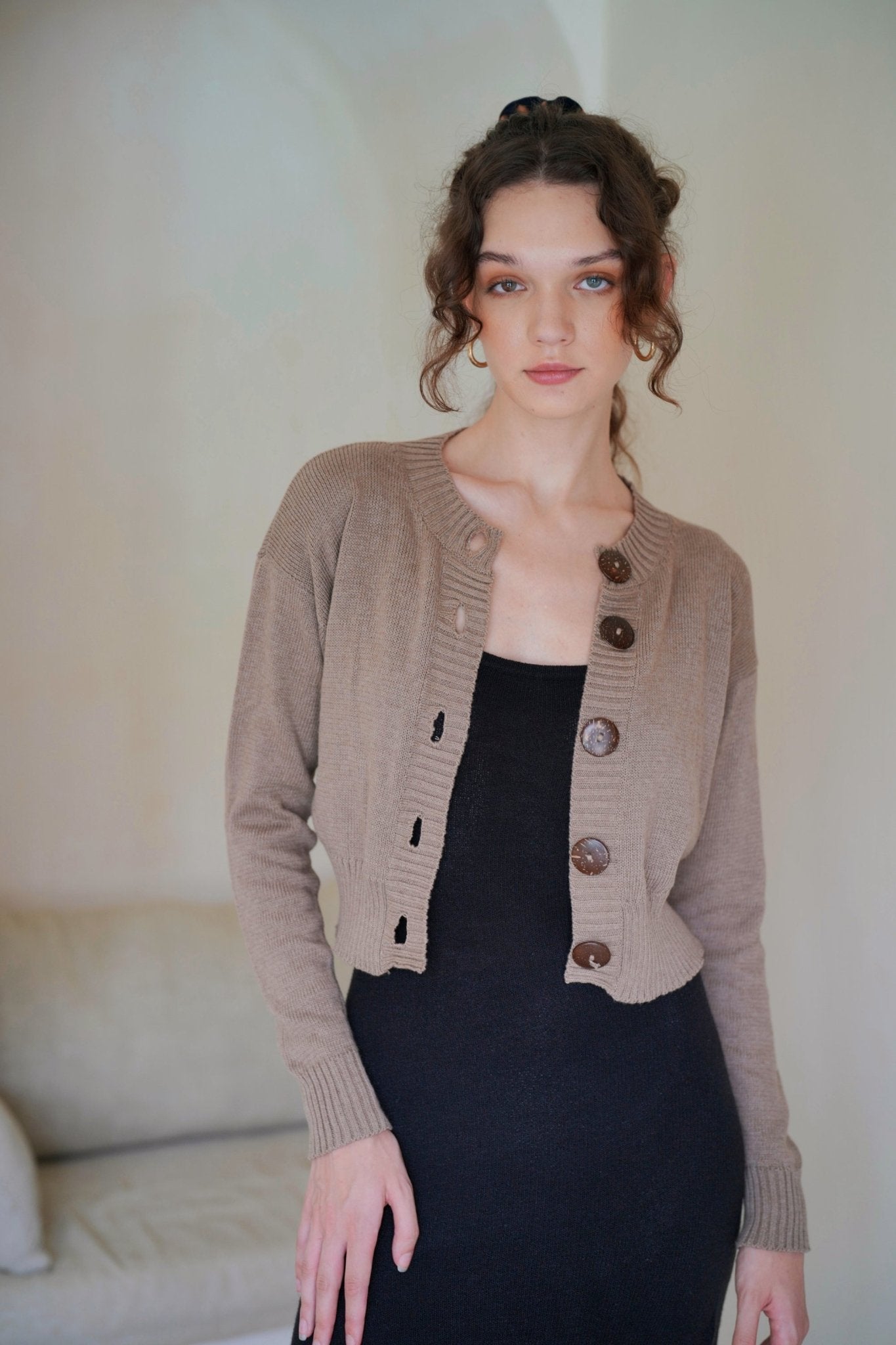 Victoria Coconut Button Cardigan in Khaki luxury sustainable cotton cardigan - Off Leash Designs