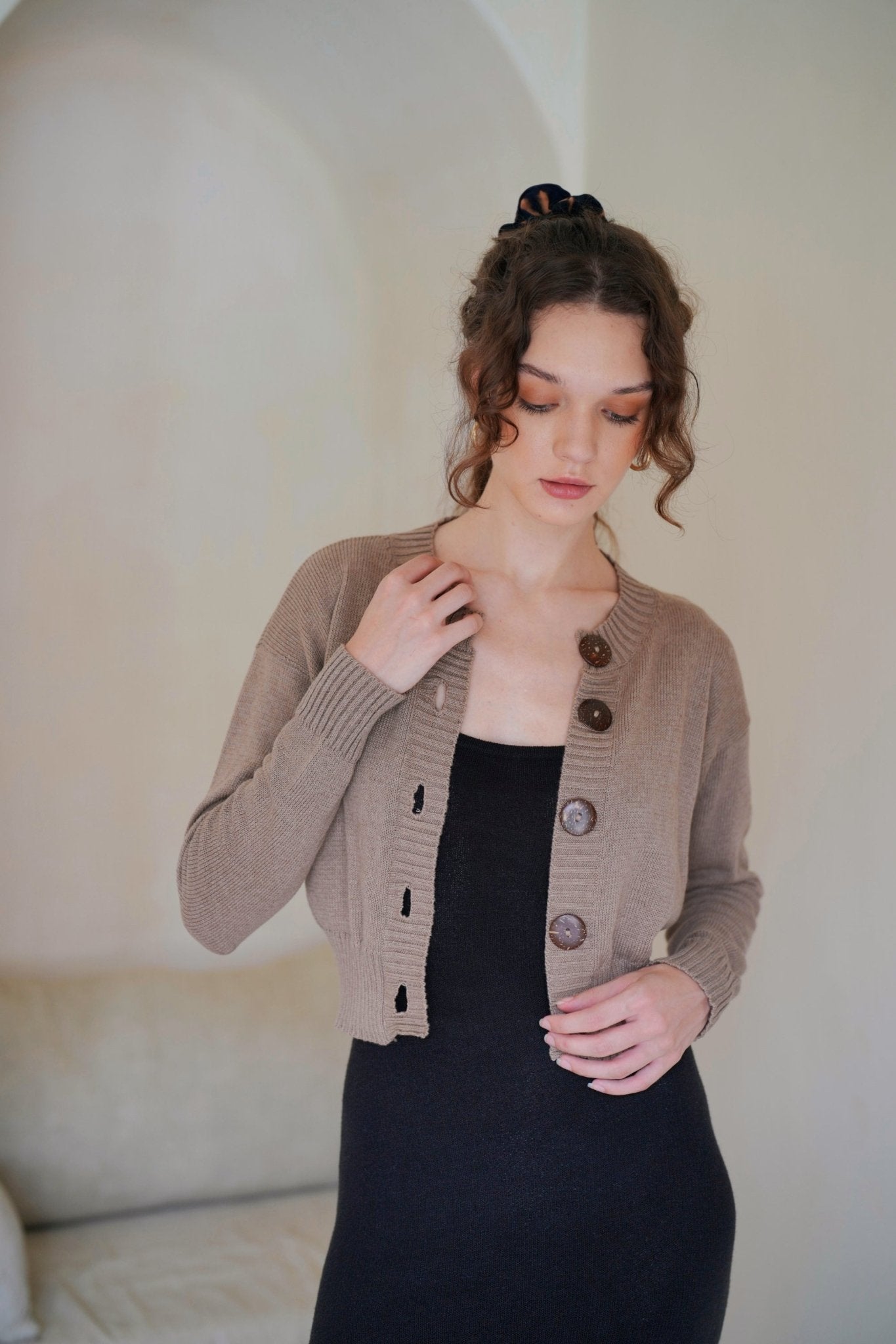 Victoria Coconut Button Cardigan in Khaki luxury sustainable cotton cardigan - Off Leash Designs
