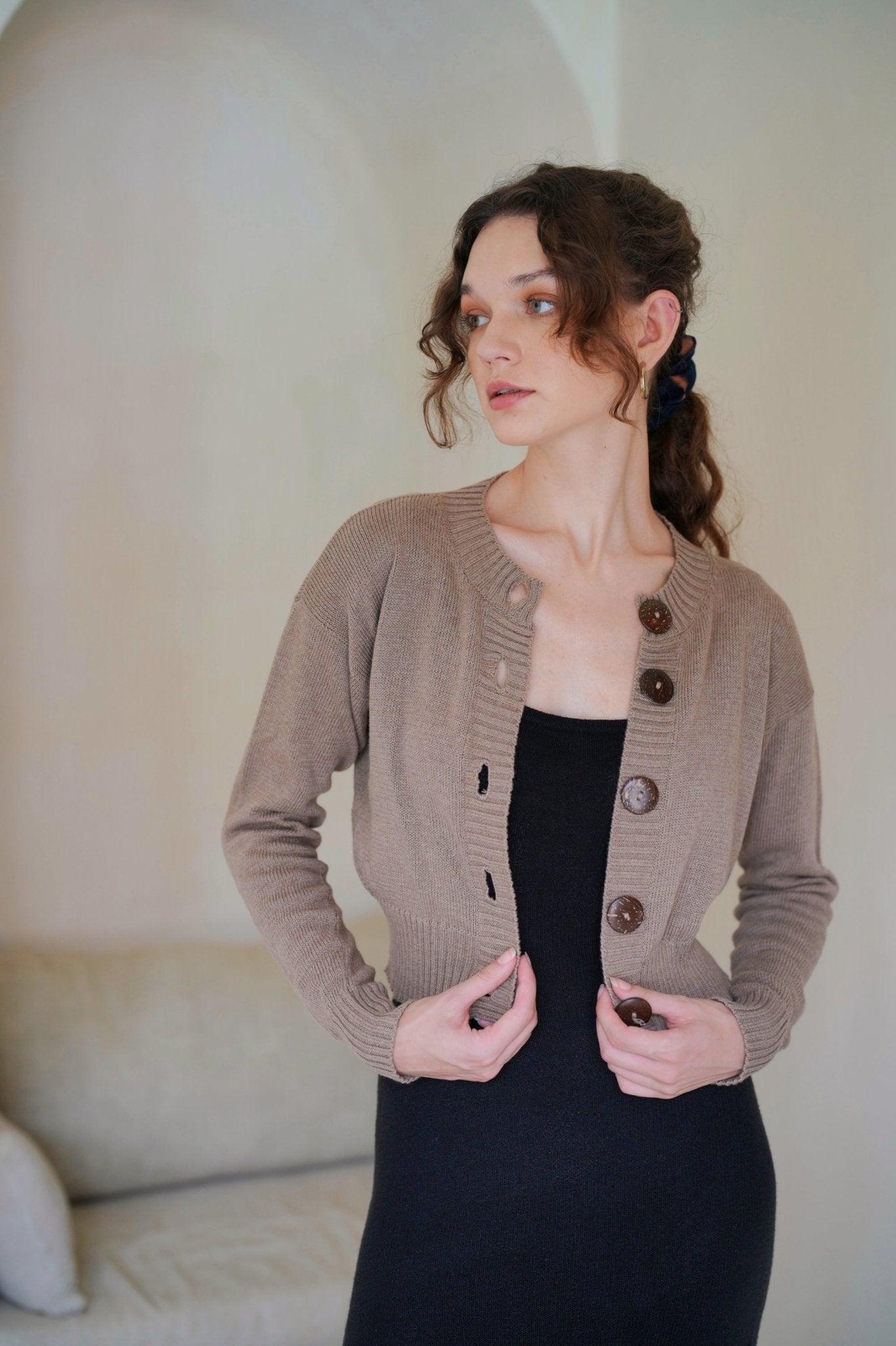 Victoria Coconut Button Cardigan in Khaki luxury sustainable cotton cardigan - Off Leash Designs