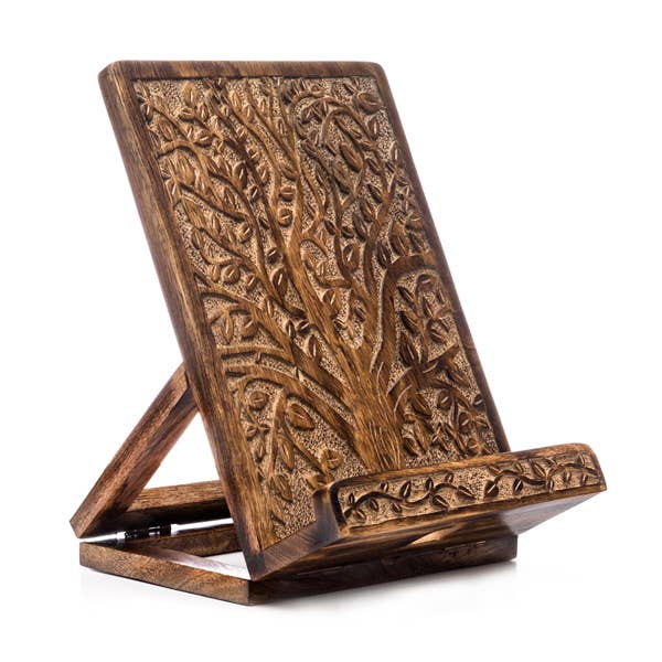 Aranyani Tree of Life Book Holder Tablet Stand - Hand Carved luxury hand carved wooden book stand - Off Leash Designs