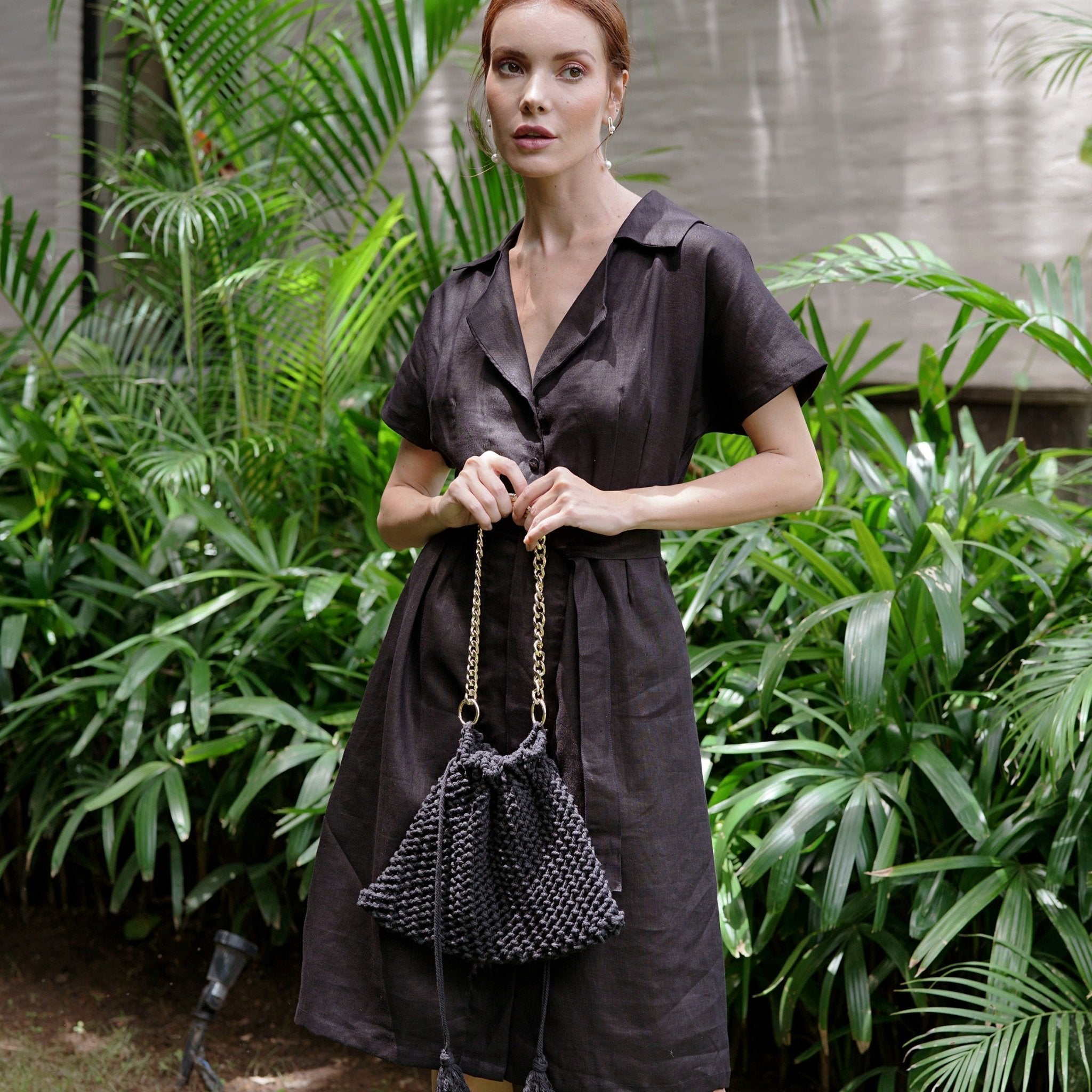 ARYA Safari Linen Midi Dress – Black - luxury linen midi dress - Off Leash Designs