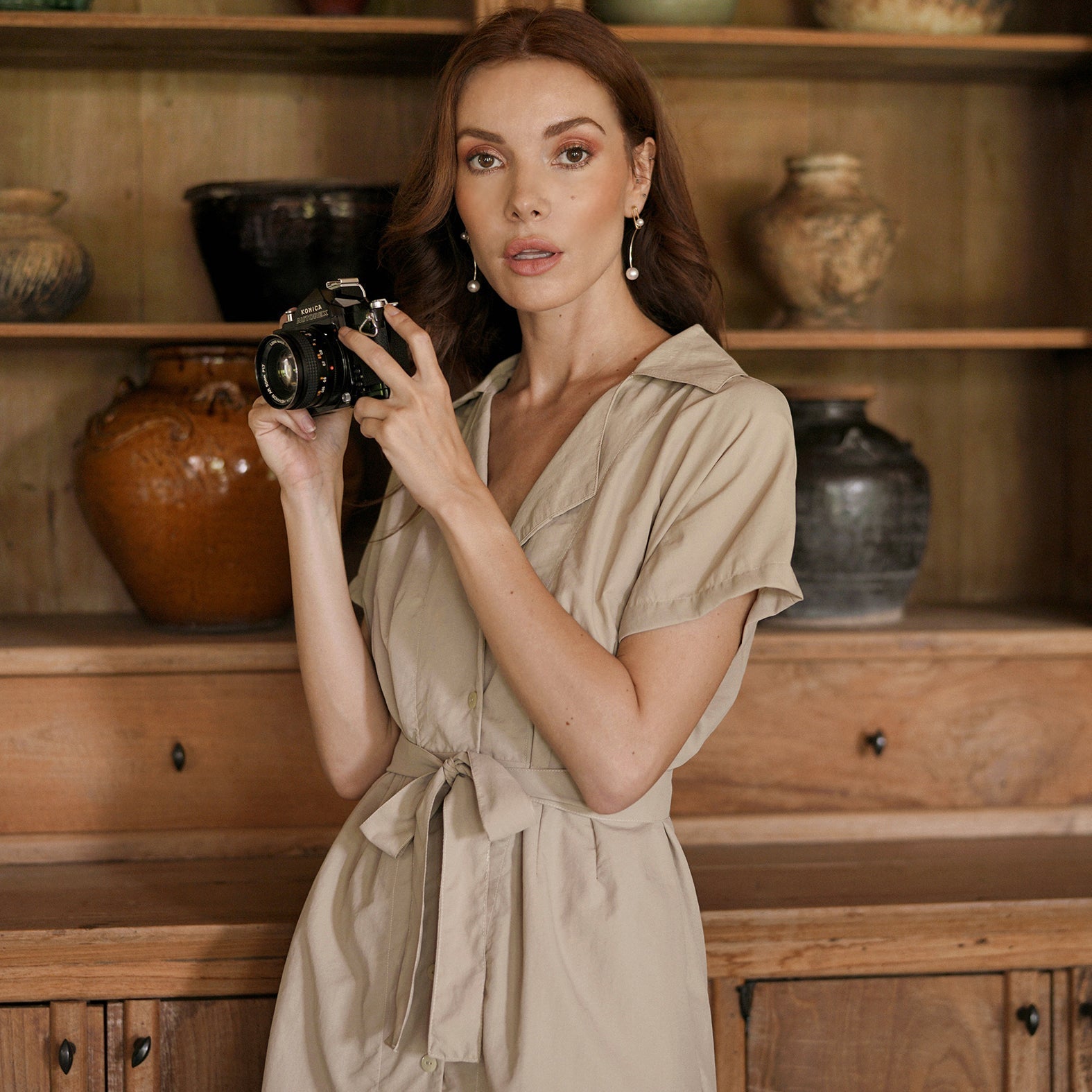ARYA Safari Linen Midi Dress – Savanna Beige Luxury Travel Dress - Off Leash Designs