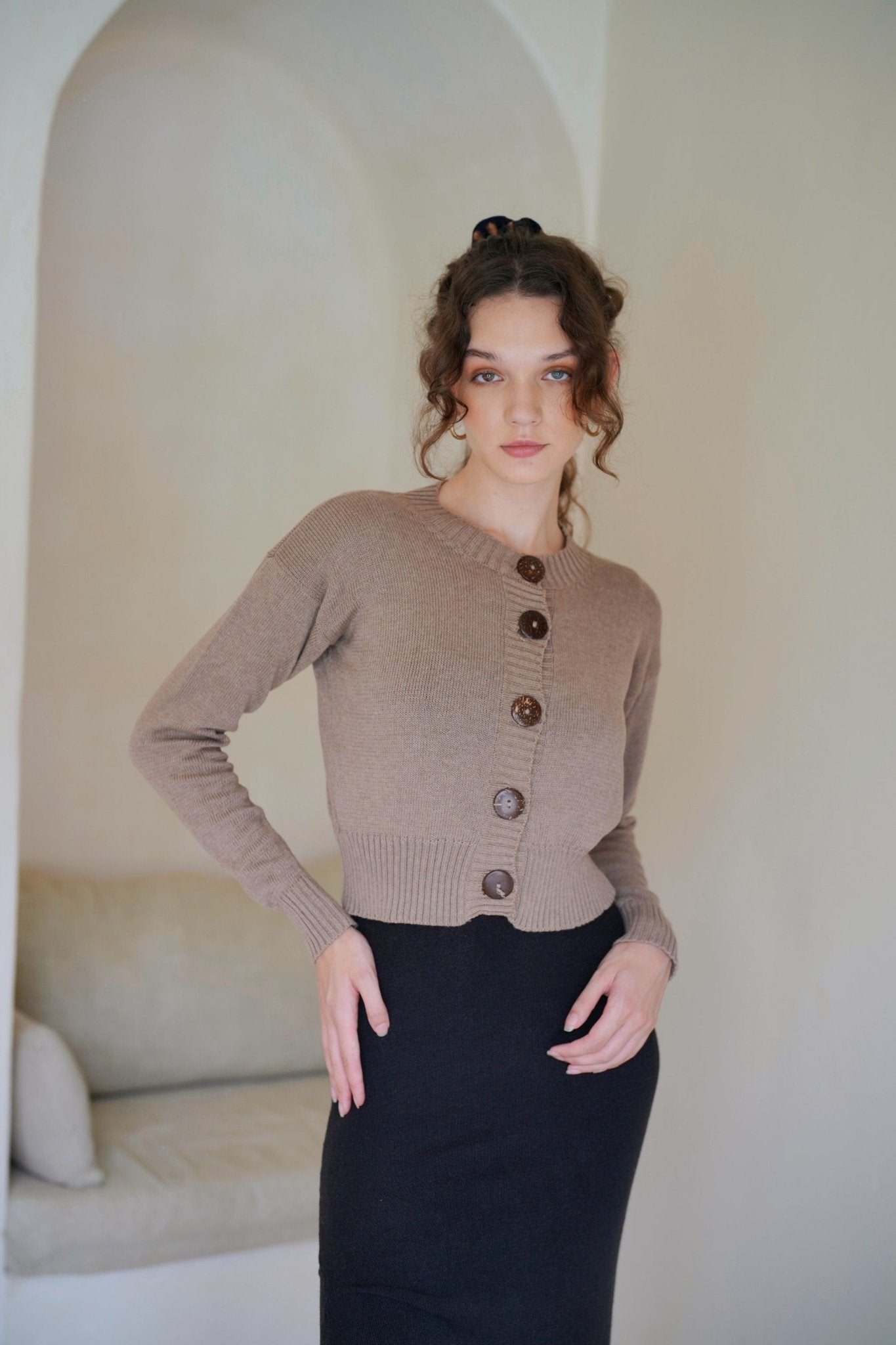 Victoria Coconut Button Cardigan in Khaki luxury sustainable cotton cardigan - Off Leash Designs